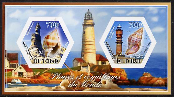 Chad 2014 Lighthouses & Shells #3 imperf sheetlet containing two hexagonal-shaped values unmounted mint , stamps on shaped, stamps on hexagon, stamps on hexagonal, stamps on lighthouses, stamps on shells, stamps on marine life