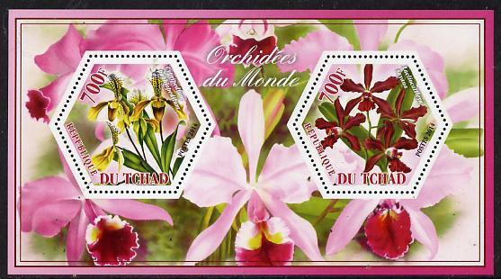 Chad 2014 Orchids #5 perf sheetlet containing two hexagonal-shaped values unmounted mint , stamps on shaped, stamps on hexagon, stamps on hexagonal, stamps on flowers, stamps on orchids