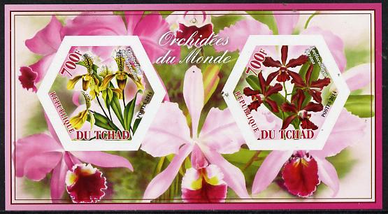 Chad 2014 Orchids #5 imperf sheetlet containing two hexagonal-shaped values unmounted mint , stamps on shaped, stamps on hexagon, stamps on hexagonal, stamps on flowers, stamps on orchids