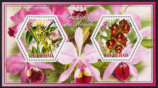 Chad 2014 Orchids #6 perf sheetlet containing two hexagonal-shaped values unmounted mint , stamps on shaped, stamps on hexagon, stamps on hexagonal, stamps on flowers, stamps on orchids