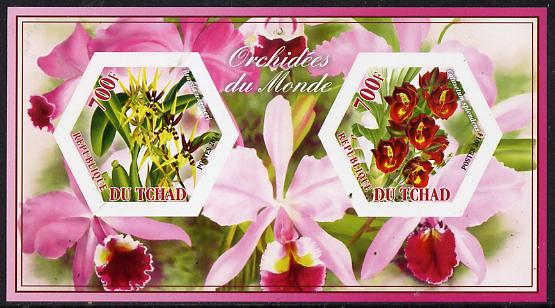 Chad 2014 Orchids #6 imperf sheetlet containing two hexagonal-shaped values unmounted mint , stamps on shaped, stamps on hexagon, stamps on hexagonal, stamps on flowers, stamps on orchids