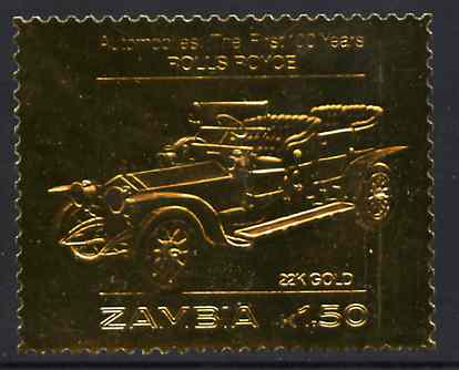 Zambia 1987 Classic Cars 1k50 Rolls Royce in 22k gold foil unmounted mint, stamps on cars     rolls royce