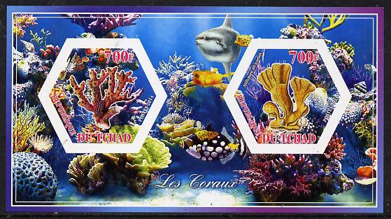 Chad 2014 Coral #3 imperf sheetlet containing two hexagonal-shaped values unmounted mint , stamps on shaped, stamps on hexagon, stamps on hexagonal, stamps on coral, stamps on marine life