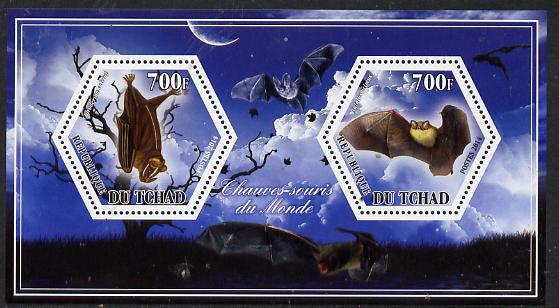 Chad 2014 Bats #2 perf sheetlet containing two hexagonal-shaped values unmounted mint , stamps on shaped, stamps on hexagon, stamps on hexagonal, stamps on animals, stamps on bats