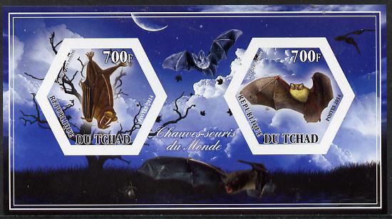 Chad 2014 Bats #2 imperf sheetlet containing two hexagonal-shaped values unmounted mint , stamps on shaped, stamps on hexagon, stamps on hexagonal, stamps on animals, stamps on bats