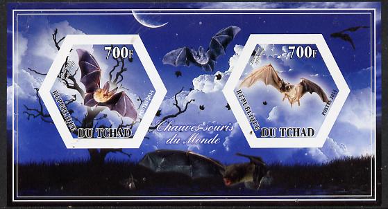Chad 2014 Bats #3 imperf sheetlet containing two hexagonal-shaped values unmounted mint , stamps on shaped, stamps on hexagon, stamps on hexagonal, stamps on animals, stamps on bats