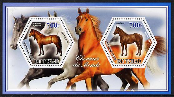 Chad 2014 Horses #2 perf sheetlet containing two hexagonal-shaped values unmounted mint , stamps on shaped, stamps on hexagon, stamps on hexagonal, stamps on animals, stamps on horses
