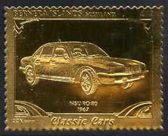 Bernera 1985 Classic Cars - 1967 NSU \A312 value perforated & embossed in 22 carat gold foil unmounted mint, stamps on cars    nsu