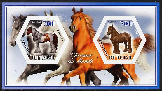 Chad 2014 Horses #3 imperf sheetlet containing two hexagonal-shaped values unmounted mint , stamps on shaped, stamps on hexagon, stamps on hexagonal, stamps on animals, stamps on horses