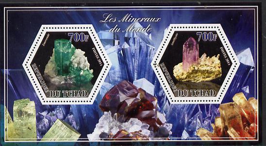 Chad 2014 Minerals #1 perf sheetlet containing two hexagonal-shaped values unmounted mint , stamps on shaped, stamps on hexagon, stamps on hexagonal, stamps on minerals