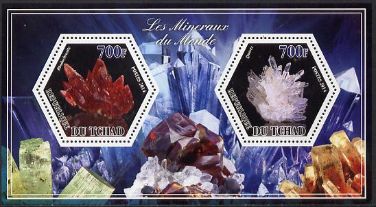 Chad 2014 Minerals #3 perf sheetlet containing two hexagonal-shaped values unmounted mint , stamps on shaped, stamps on hexagon, stamps on hexagonal, stamps on minerals