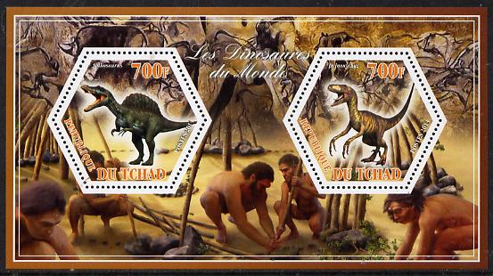 Chad 2014 Dinosaurs #2 perf sheetlet containing two hexagonal-shaped values unmounted mint , stamps on shaped, stamps on hexagon, stamps on hexagonal, stamps on animals, stamps on dinosaurs