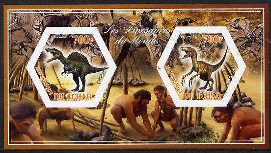 Chad 2014 Dinosaurs #2 imperf sheetlet containing two hexagonal-shaped values unmounted mint , stamps on shaped, stamps on hexagon, stamps on hexagonal, stamps on animals, stamps on dinosaurs