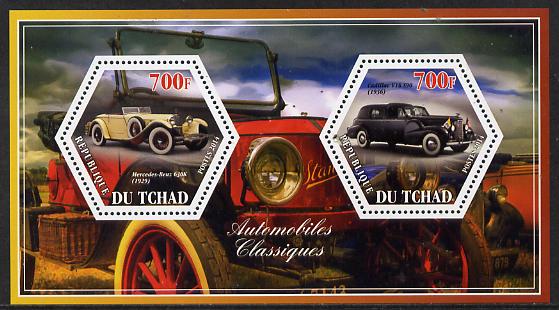 Chad 2014 Classic Cars #1 perf sheetlet containing two hexagonal-shaped values unmounted mint , stamps on shaped, stamps on hexagon, stamps on hexagonal, stamps on cars