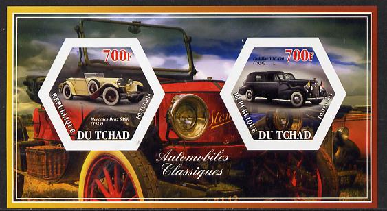 Chad 2014 Classic Cars #1 imperf sheetlet containing two hexagonal-shaped values unmounted mint , stamps on shaped, stamps on hexagon, stamps on hexagonal, stamps on cars