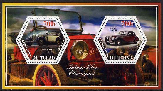 Chad 2014 Classic Cars #3 perf sheetlet containing two hexagonal-shaped values unmounted mint , stamps on shaped, stamps on hexagon, stamps on hexagonal, stamps on cars