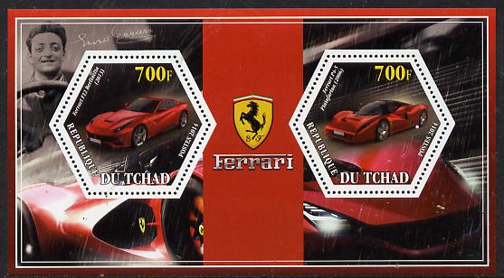 Chad 2014 Ferrari Cars #2 perf sheetlet containing two hexagonal-shaped values unmounted mint , stamps on shaped, stamps on hexagon, stamps on hexagonal, stamps on cars, stamps on ferrari