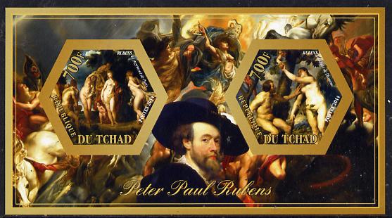 Chad 2014 Peter Paul Rubens #3 imperf sheetlet containing two hexagonal-shaped values unmounted mint , stamps on shaped, stamps on hexagon, stamps on hexagonal, stamps on arts, stamps on rubens, stamps on personalities