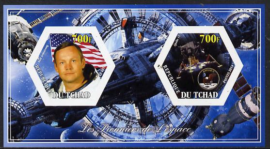Chad 2014 Conquest of Space #2 imperf sheetlet containing two hexagonal-shaped values unmounted mint , stamps on shaped, stamps on hexagon, stamps on hexagonal, stamps on space, stamps on personalities