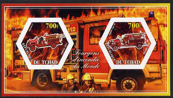 Chad 2014 Fire Engines #1 imperf sheetlet containing two hexagonal-shaped values unmounted mint , stamps on shaped, stamps on hexagon, stamps on hexagonal, stamps on fire