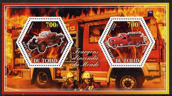 Chad 2014 Fire Engines #2 perf sheetlet containing two hexagonal-shaped values unmounted mint , stamps on shaped, stamps on hexagon, stamps on hexagonal, stamps on fire