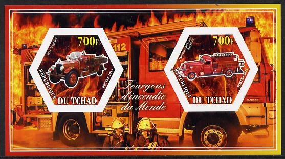 Chad 2014 Fire Engines #2 imperf sheetlet containing two hexagonal-shaped values unmounted mint , stamps on shaped, stamps on hexagon, stamps on hexagonal, stamps on fire