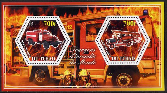Chad 2014 Fire Engines #3 perf sheetlet containing two hexagonal-shaped values unmounted mint , stamps on shaped, stamps on hexagon, stamps on hexagonal, stamps on fire