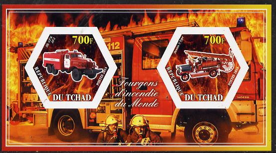 Chad 2014 Fire Engines #3 imperf sheetlet containing two hexagonal-shaped values unmounted mint , stamps on shaped, stamps on hexagon, stamps on hexagonal, stamps on fire