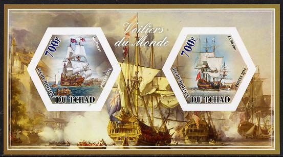 Chad 2014 Sailing Ships #3 imperf sheetlet containing two hexagonal-shaped values unmounted mint , stamps on shaped, stamps on hexagon, stamps on hexagonal, stamps on ships