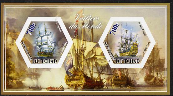 Chad 2014 Sailing Ships #5 imperf sheetlet containing two hexagonal-shaped values unmounted mint , stamps on shaped, stamps on hexagon, stamps on hexagonal, stamps on ships