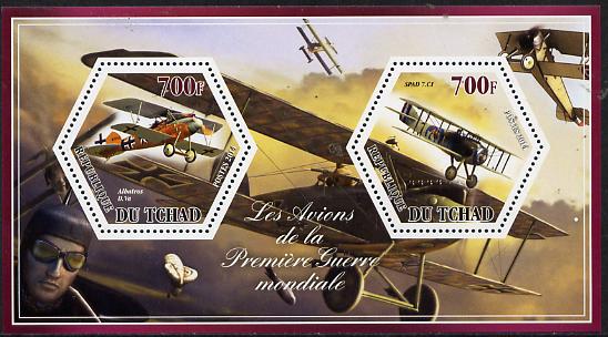 Chad 2014 Aircraft of World War 1 #1 perf sheetlet containing two hexagonal-shaped values unmounted mint , stamps on shaped, stamps on hexagon, stamps on hexagonal, stamps on  ww1 , stamps on aviation