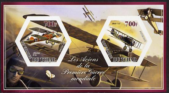 Chad 2014 Aircraft of World War 1 #1 imperf sheetlet containing two hexagonal-shaped values unmounted mint , stamps on shaped, stamps on hexagon, stamps on hexagonal, stamps on  ww1 , stamps on aviation