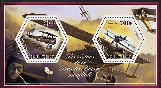 Chad 2014 Aircraft of World War 1 #2 perf sheetlet containing two hexagonal-shaped values unmounted mint , stamps on shaped, stamps on hexagon, stamps on hexagonal, stamps on  ww1 , stamps on aviation