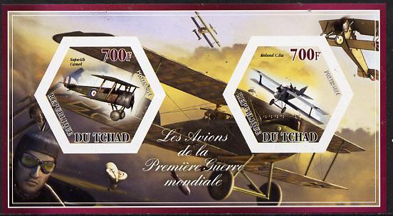 Chad 2014 Aircraft of World War 1 #2 imperf sheetlet containing two hexagonal-shaped values unmounted mint , stamps on shaped, stamps on hexagon, stamps on hexagonal, stamps on  ww1 , stamps on aviation