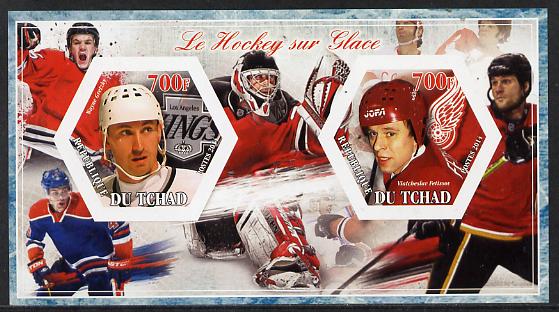 Chad 2014 Ice Hockey #2 imperf sheetlet containing two hexagonal-shaped values unmounted mint , stamps on shaped, stamps on hexagon, stamps on hexagonal, stamps on sport, stamps on ice hockey, stamps on 