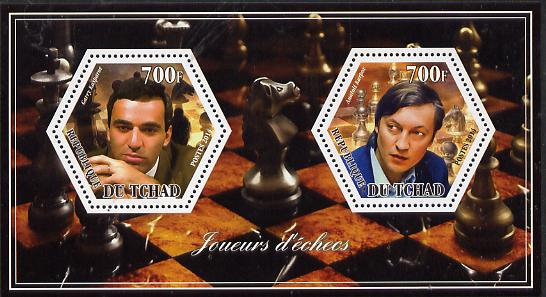 Chad 2014 Chess Players #2 perf sheetlet containing two hexagonal-shaped values unmounted mint , stamps on shaped, stamps on hexagon, stamps on hexagonal, stamps on chess, stamps on personalities