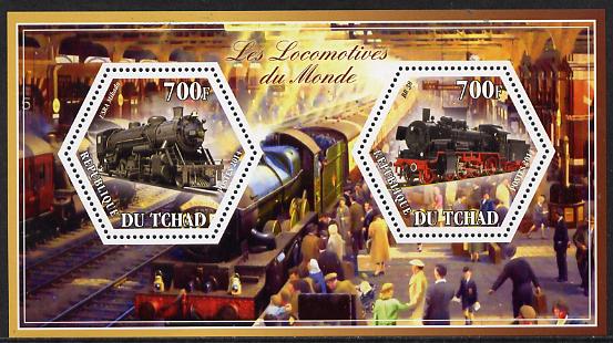 Chad 2014 Steam Locomotives of the World #1 perf sheetlet containing two hexagonal-shaped values unmounted mint , stamps on shaped, stamps on hexagon, stamps on hexagonal, stamps on railways