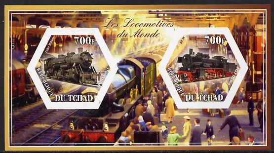 Chad 2014 Steam Locomotives of the World #1 imperf sheetlet containing two hexagonal-shaped values unmounted mint , stamps on shaped, stamps on hexagon, stamps on hexagonal, stamps on railways