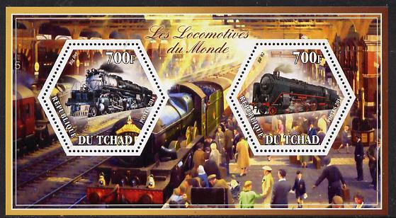 Chad 2014 Steam Locomotives of the World #2 perf sheetlet containing two hexagonal-shaped values unmounted mint , stamps on shaped, stamps on hexagon, stamps on hexagonal, stamps on railways