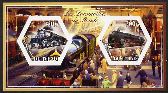 Chad 2014 Steam Locomotives of the World #2 imperf sheetlet containing two hexagonal-shaped values unmounted mint , stamps on shaped, stamps on hexagon, stamps on hexagonal, stamps on railways
