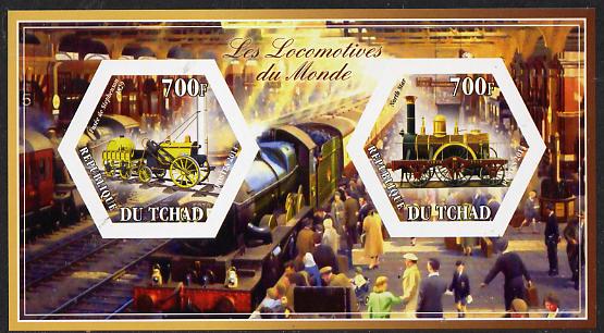 Chad 2014 Steam Locomotives of the World #3 imperf sheetlet containing two hexagonal-shaped values unmounted mint , stamps on shaped, stamps on hexagon, stamps on hexagonal, stamps on railways