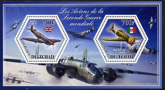 Chad 2014 Aircraft of World War 2 #2 perf sheetlet containing two hexagonal-shaped values unmounted mint , stamps on shaped, stamps on hexagon, stamps on hexagonal, stamps on  ww2 , stamps on aviation