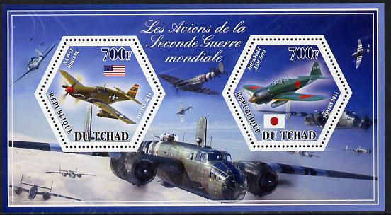 Chad 2014 Aircraft of World War 2 #3 perf sheetlet containing two hexagonal-shaped values unmounted mint , stamps on , stamps on  stamps on shaped, stamps on  stamps on hexagon, stamps on  stamps on hexagonal, stamps on  stamps on  ww2 , stamps on  stamps on aviation