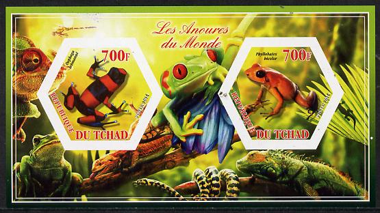 Chad 2014 Frogs & Toads #2 imperf sheetlet containing two hexagonal-shaped values unmounted mint , stamps on shaped, stamps on hexagon, stamps on hexagonal, stamps on amphibians, stamps on frogs