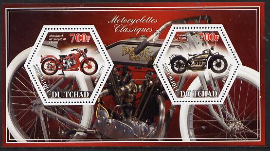 Chad 2014 Motorcycles #1 perf sheetlet containing two hexagonal-shaped values unmounted mint , stamps on shaped, stamps on hexagon, stamps on hexagonal, stamps on motorbikes, stamps on motorcycles