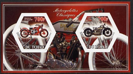 Chad 2014 Motorcycles #1 imperf sheetlet containing two hexagonal-shaped values unmounted mint , stamps on shaped, stamps on hexagon, stamps on hexagonal, stamps on motorbikes, stamps on motorcycles