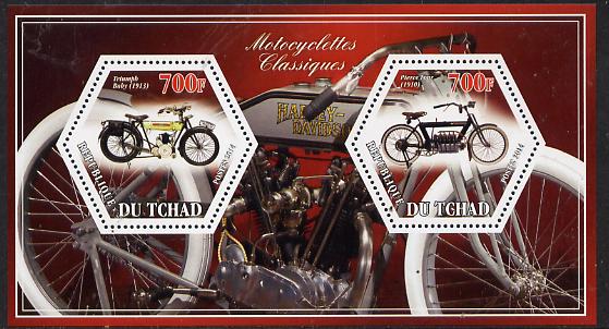Chad 2014 Motorcycles #2 perf sheetlet containing two hexagonal-shaped values unmounted mint , stamps on shaped, stamps on hexagon, stamps on hexagonal, stamps on motorbikes, stamps on motorcycles