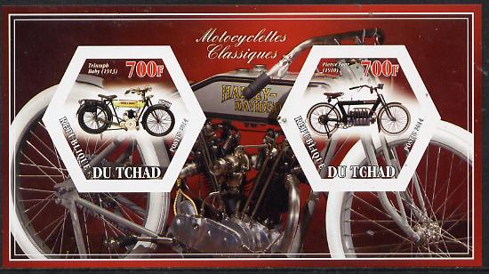 Chad 2014 Motorcycles #2 imperf sheetlet containing two hexagonal-shaped values unmounted mint , stamps on shaped, stamps on hexagon, stamps on hexagonal, stamps on motorbikes, stamps on motorcycles
