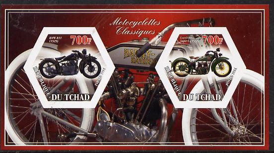 Chad 2014 Motorcycles #3 imperf sheetlet containing two hexagonal-shaped values unmounted mint , stamps on shaped, stamps on hexagon, stamps on hexagonal, stamps on motorbikes, stamps on motorcycles