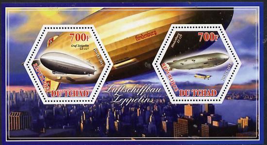 Chad 2014 Airships #1 perf sheetlet containing two hexagonal-shaped values unmounted mint , stamps on shaped, stamps on hexagon, stamps on hexagonal, stamps on airships, stamps on aviation